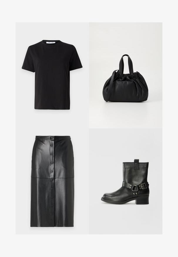 Must have lühikeste varrukatega t-särk, mis on valmistatud pehmest puuvillast, ümmarguse kaelusega, lõdva sobivusega ja sileda tekstuuriga. Ei ole nähtavaid mustreid ega graafikat.; Mustast kunstnahast midi-seelikust, millel on ees nuppude sulgemine, sile tekstuur ja horisontaalne õmblus keskel.; Samsøe Samsøe SABRENTA - Kauboi/mootorratturi poolsaapad - black; Mustmust mustkott mustrihmaga ülaosa disainiga, millel on kaks lühikest käepidet ja pikk reguleeritav rihm. Sile tekstuur, ümar kuju.