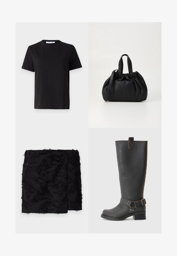 Tricou negru cu manșon scurt, fabricat din bumbac moale, având un guler rotund, o croială lejeră și o textură netedă. Fără modele sau grafice vizibile.; Fustă neagră dintr-un material texturat, cu accente desfăcute. Formă pătrată, lungime deasupra genunchiului și un detaliu cu buton pe lateral.; Cizmă înaltă din piele neagră, cu un finisaj texturat, având un accent cu cataramă pe lateral și un toc mic. Cusături detaliate de-a lungul cusăturilor.; Geantă de mână din piele neagră cu un design cu partea superioară plisată, având două mânere scurte și o curea lungă ajustabilă. Textură netedă, formă rotunjită.
