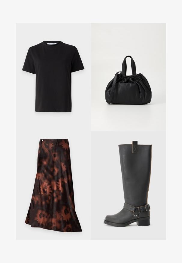 Camiseta negra de manga corta hecha de algodón suave, con un cuello redondo, corte relajado y una textura lisa. Sin patrones ni gráficos visibles.; Falda larga de diseño fluido, con una base marrón oscura y un patrón floral en tonos óxido intensos y una textura suave y brillante.; Bota de cuero negro hasta la rodilla con un acabado texturizado, que presenta un acento de hebilla lateral y un tacón bajo. Costura detallada a lo largo de las costuras.; Bolso de mano de cuero negro con un diseño de parte superior fruncida, que cuenta con dos asas cortas y una correa larga ajustable. Textura suave, forma redondeada.