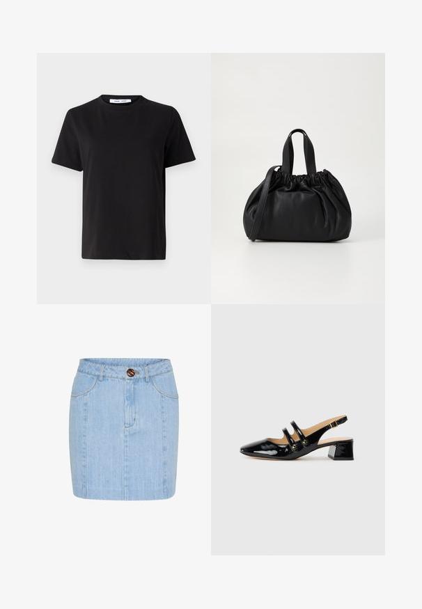 Melna īsām piedurknēm T-kreklu, kas izgatavots no mīksta kokvilnas, ar apļveida kakla izgriezumu, brīvu piegriezumu un gludu tekstūru. Nav redzamu rakstu vai grafikas.; Gai zils denima svārki ar taisnu griezumu, redzamām vīlēm un brūnu pogu jostasvietā. Līdz vidus augšstilbam.; Melna lakotā ādas sandale ar norādītu pirkstu, divām siksnām, zelta apaļiem akcentiem un zemu bloku papēdi.; Melnas ādas rokassomu ar savākta augšdaļa dizainu, kas aprīkota ar divām īsām rokturiem un garu regulējamu siksnu. Gluda tekstūra, noapaļota forma.