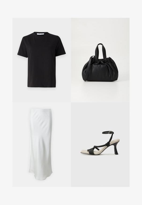 Must have lühikeste varrukatega t-särk, mis on valmistatud pehmest puuvillast, ümmarguse kaelusega, lõdva sobivusega ja sileda tekstuuriga. Ei ole nähtavaid mustreid ega graafikat.; Samsøe Samsøe AGNETA SKIRT - A-lõikeline seelik - solitary star; Mustad musta kontsaga sandaal, millel on punutud rihma disain, ruudukujuline varvas ja reguleeritav pahkluu rihm. Heleda beeži värvi jalapadi ja läikiv must konts.; Mustmust mustkott mustrihmaga ülaosa disainiga, millel on kaks lühikest käepidet ja pikk reguleeritav rihm. Sile tekstuur, ümar kuju.