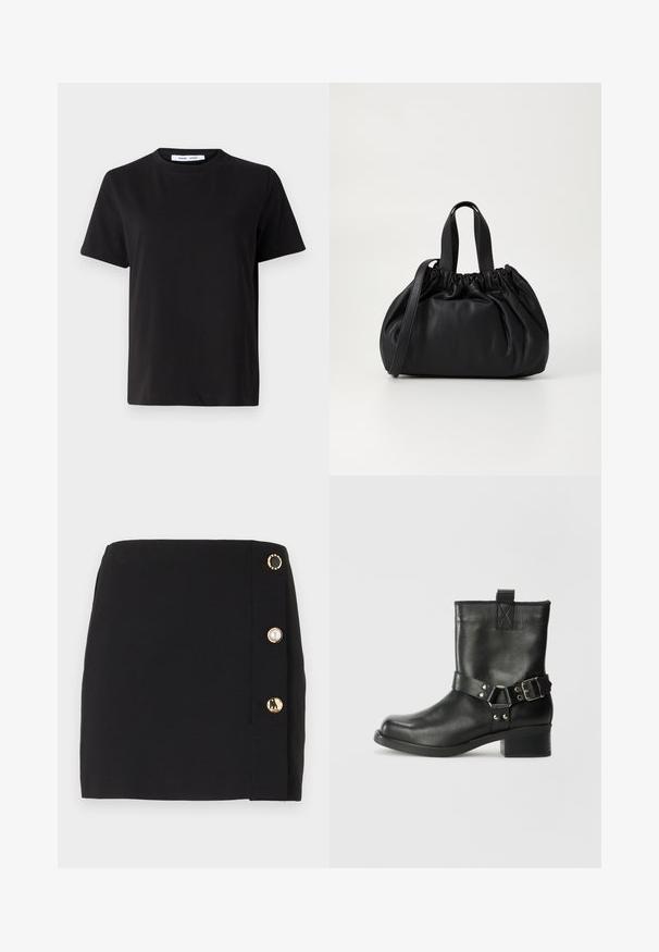 Črna majica s kratkimi rokavi iz mehkega bombaža, ki ima okroglo izrezovanje, udoben kroj in gladko teksturo. Brez vidnih vzorcev ali grafike.; Črna mini krila z gladko teksturo, ki ima stransko zapiranje z gumbi v zlati in biserni barvi. Enostaven, poenostavljen dizajn.; Samsøe Samsøe SABRENTA  - Gležnjar v kavbojskem in motorističnem slogu - black; Črna usnjena torbica z zloženim zgornjim dizajnom, opremljena z dvema kratkima ročkama in dolgo nastavljivo naramnico. Gladka tekstura, okrogla oblika.