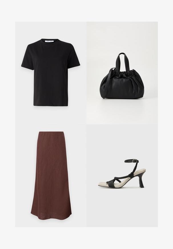 Black short-sleeve t-shirt made of soft cotton, featuring a round neckline, relaxed fit, and a smooth texture. No visible patterns or graphics.; Brown, long skirt made of lightweight fabric. Features a simple design with a straight cut and a smooth texture. Hem is slightly curved.; Black heeled sandal with braided strap design, square toe, and adjustable ankle strap. Light beige footbed with a glossy black heel.; Black leather handbag with a gathered top design, featuring two short handles and a long adjustable strap. Smooth texture, rounded shape.
