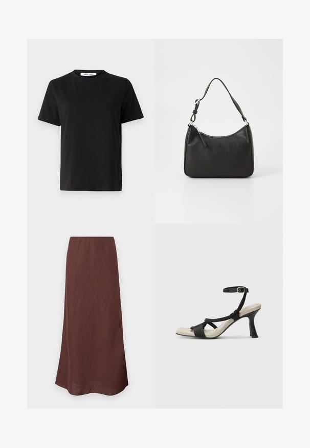 Tricou negru cu manșon scurt, fabricat din bumbac moale, având un guler rotund, o croială lejeră și o textură netedă. Fără modele sau grafice vizibile.; Fustă lungă, maro, realizată dintr-un material ușor. Prezintă un design simplu, cu o croială dreaptă și o textură netedă. Marginea este ușor curbată.; Sandal cu toc negru, cu design de curea împletită, vârf pătrat și curea de gleznă ajustabilă. Tălpică de un bej deschis și toc negru lucios.; Geantă de mână din piele neagră, cu o formă curbată, curea unică, închidere cu fermoar și un branding subtil pe față. Textură fină, design minimalist.