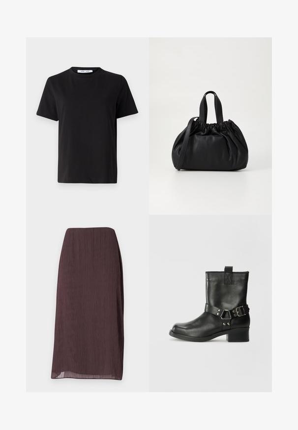 Must have lühikeste varrukatega t-särk, mis on valmistatud pehmest puuvillast, ümmarguse kaelusega, lõdva sobivusega ja sileda tekstuuriga. Ei ole nähtavaid mustreid ega graafikat.; Tumepruun kuni pikk seelik, mis on valmistatud kergest kortsuskangast. Omab sirget lõiget, millel on õrn sära ja nähtavat riistvara ei ole.; Samsøe Samsøe SABRENTA - Kauboi/mootorratturi poolsaapad - black; Mustmust mustkott mustrihmaga ülaosa disainiga, millel on kaks lühikest käepidet ja pikk reguleeritav rihm. Sile tekstuur, ümar kuju.