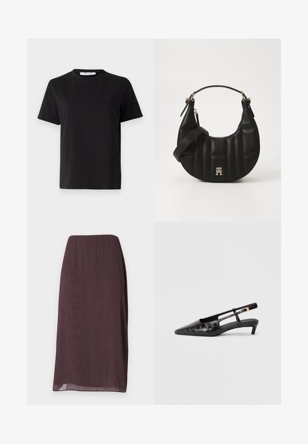 Musta lyhythihainen t-paita, joka on valmistettu pehmeästä puuvillasta. Paitassa on pyöreä kaula-aukko, rento malli ja sileä pinta. Ei näkyviä kuvioita tai graafisia elementtejä.; Tummanruskea, polven mittainen hame, joka on valmistettu kevyestä, rypistyneestä kankaasta. Hameessa on suora leikkaus, hienovarainen kiilto ja näkyvää metalliosia ei ole.; Musta nahkainen kärjellään terävä slingback-kengä, jossa on krokotiilinnahkatekstuuri, pieni pinottu korko ja säädettävä hihna metallisoljella.; Musta nahkalaukku, jossa on kaareva muoto, tikattu pinta ja kultaiset yksityiskohdat. Varustettu irrotettavalla olkahihnalla ja logopotkalla.