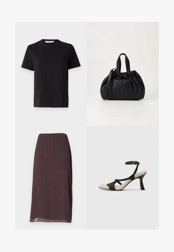 Musta lyhythihainen t-paita, joka on valmistettu pehmeästä puuvillasta. Paitassa on pyöreä kaula-aukko, rento malli ja sileä pinta. Ei näkyviä kuvioita tai graafisia elementtejä.; Tummanruskea, polven mittainen hame, joka on valmistettu kevyestä, rypistyneestä kankaasta. Hameessa on suora leikkaus, hienovarainen kiilto ja näkyvää metalliosia ei ole.; Mustat korkokengät, joissa on punottuolkaiminen design, neliömäinen kärki ja säädettävä nilkkahihna. Vaaleanbeige jalkapohja ja kiiltävä musta korko.; Musta nahkabag, jossa on kerätty yläosa. Varustettu kahdella lyhyellä kantokahvalla ja pitkällä säädettävällä hihnalla. Sileä pinta, pyöreä muoto.