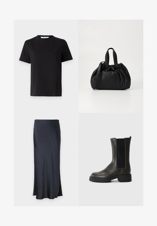 Fekete, rövid ujjú póló, puha pamutból készült, kerek nyakkivágással, laza szabással és sima textúrával. Nincs látható minta vagy grafikák.; Hosszú, sötétszürke szatén szoknya sima textúrával, egyenes szabással és enyhén bővülő aljjal a finom formaváltozatosság érdekében.; Zöld bőr bokacsizma rugalmas oldalpanellekkel, kerek orral és gumitalppal. Texturált felülettel és tömb sarkú kialakítással rendelkezik.; Fekete bőr kézitáska, összegyűrt felső dizájnnal, két rövid fülekkel és egy hosszú, állítható pánttal. Simább textúra, lekerekített forma.
