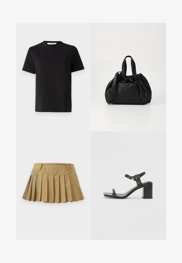 Fekete, rövid ujjú póló, puha pamutból készült, kerek nyakkivágással, laza szabással és sima textúrával. Nincs látható minta vagy grafikák.; Krémszínű, pliszírozott szoknya, illeszkedő derékrészel, több pliszével és egyenes szegéllyel. Nincsenek látható zárak vagy díszítések.; Fekete bőr, tömbsarkú szandál széles pánttal a lábujjak felett és állítható bokapánttal, letisztult, minimalista dizájnnal.; Fekete bőr kézitáska, összegyűrt felső dizájnnal, két rövid fülekkel és egy hosszú, állítható pánttal. Simább textúra, lekerekített forma.