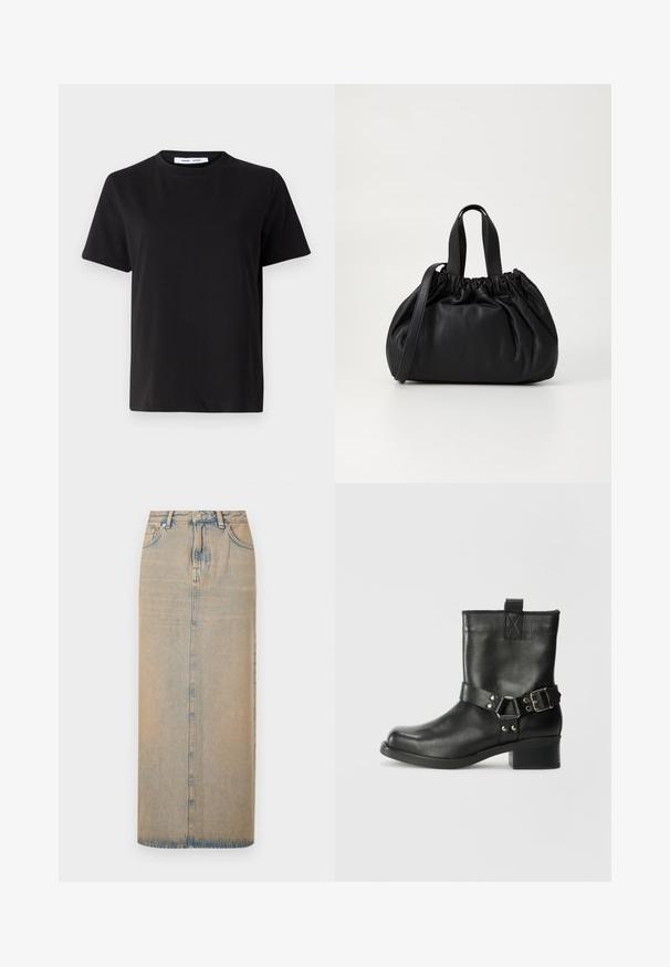 Must have lühikeste varrukatega t-särk, mis on valmistatud pehmest puuvillast, ümmarguse kaelusega, lõdva sobivusega ja sileda tekstuuriga. Ei ole nähtavaid mustreid ega graafikat.; Pikem helesinisest denimist seelik, sirge lõikega. Omab viit taskut, vöörihmasid ja esimest nööpkinni. Kogu seeliku pinna peal on pleekinud tekstuur.; Samsøe Samsøe SABRENTA - Kauboi/mootorratturi poolsaapad - black; Mustmust mustkott mustrihmaga ülaosa disainiga, millel on kaks lühikest käepidet ja pikk reguleeritav rihm. Sile tekstuur, ümar kuju.