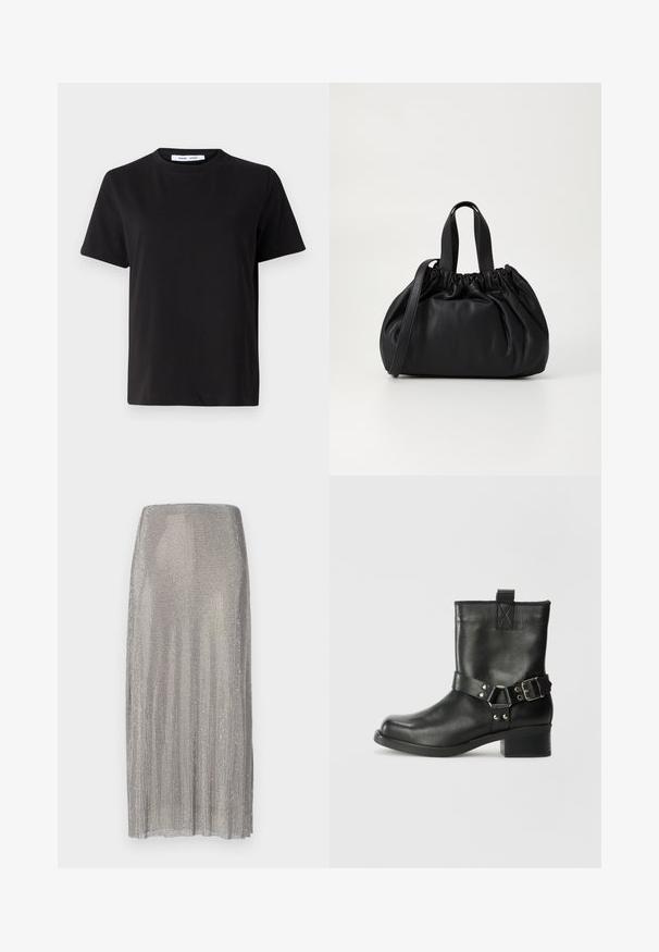 Must have lühikeste varrukatega t-särk, mis on valmistatud pehmest puuvillast, ümmarguse kaelusega, lõdva sobivusega ja sileda tekstuuriga. Ei ole nähtavaid mustreid ega graafikat.; Hõbedane pleeditud seelik, mis on valmistatud metallvõrgust, omab sirget siluetti ja siledat tekstuuri koos peene sädelusega.; Samsøe Samsøe SABRENTA - Kauboi/mootorratturi poolsaapad - black; Mustmust mustkott mustrihmaga ülaosa disainiga, millel on kaks lühikest käepidet ja pikk reguleeritav rihm. Sile tekstuur, ümar kuju.