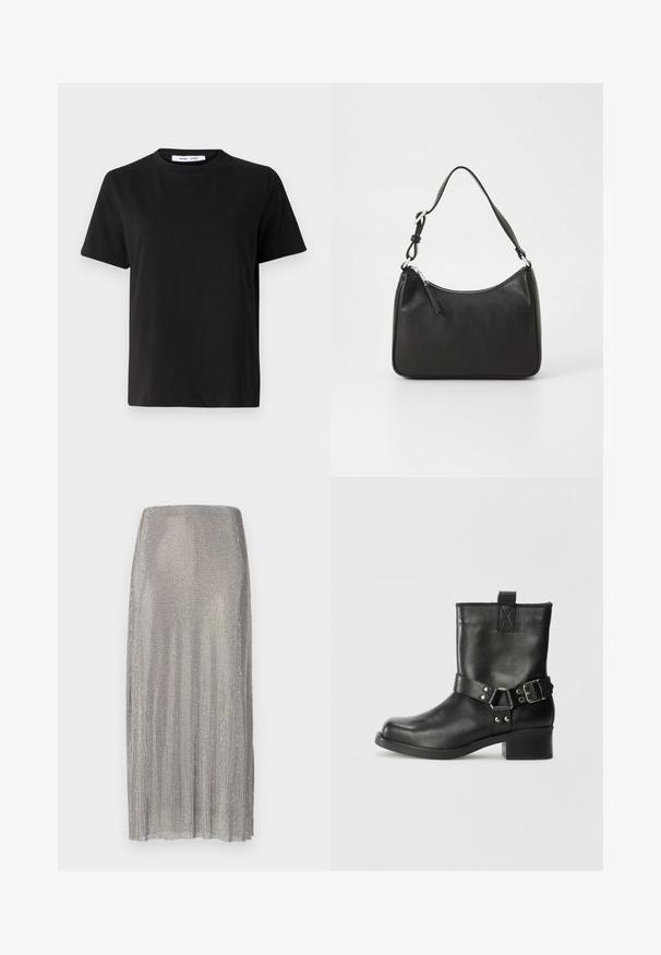 Melna īsām piedurknēm T-kreklu, kas izgatavots no mīksta kokvilnas, ar apļveida kakla izgriezumu, brīvu piegriezumu un gludu tekstūru. Nav redzamu rakstu vai grafikas.; Sudraba pleita svārki, izgatavoti no metāla sietu, ar taisnu siluetu un gludu tekstūru ar vieglu spīdumu.; Samsøe Samsøe SABRENTA - Kovboju/motociklistu tipa puszābaki - black; Melnas ādas rokassomu ar izliekta formu, vienu siksnu, ar rāvējslēdzēju aizdari un diskrētu zīmolu uz priekšpuses. Gluda tekstūra, minimālisma dizains.