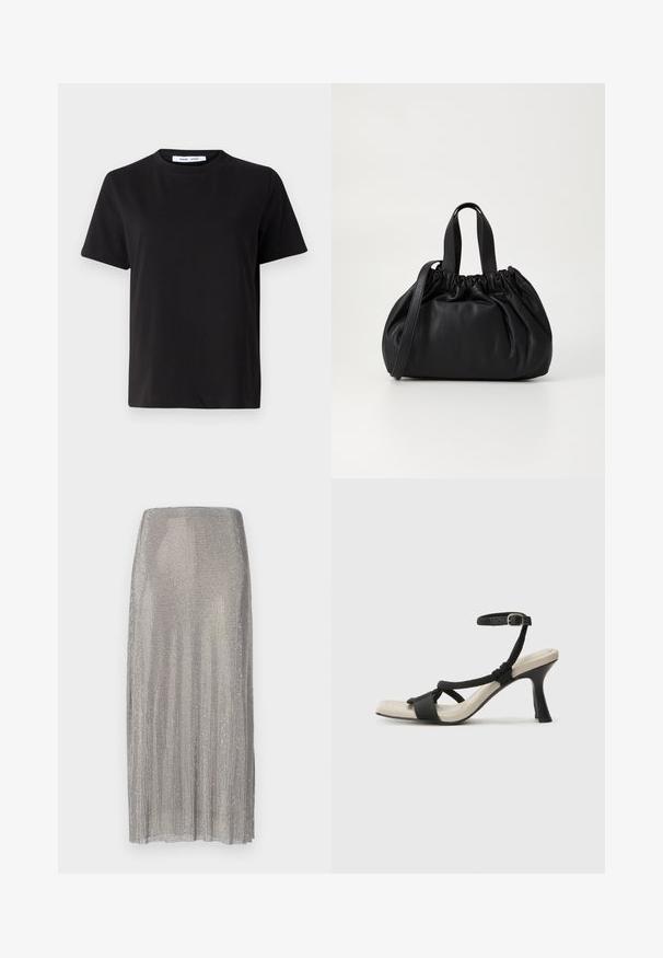 Tricou negru cu manșon scurt, fabricat din bumbac moale, având un guler rotund, o croială lejeră și o textură netedă. Fără modele sau grafice vizibile.; Fustă plisată argintie, realizată din plasă metalică, având o siluetă dreaptă și o textură netedă cu un luciu subtil.; Sandal cu toc negru, cu design de curea împletită, vârf pătrat și curea de gleznă ajustabilă. Tălpică de un bej deschis și toc negru lucios.; Geantă de mână din piele neagră cu un design cu partea superioară plisată, având două mânere scurte și o curea lungă ajustabilă. Textură netedă, formă rotunjită.
