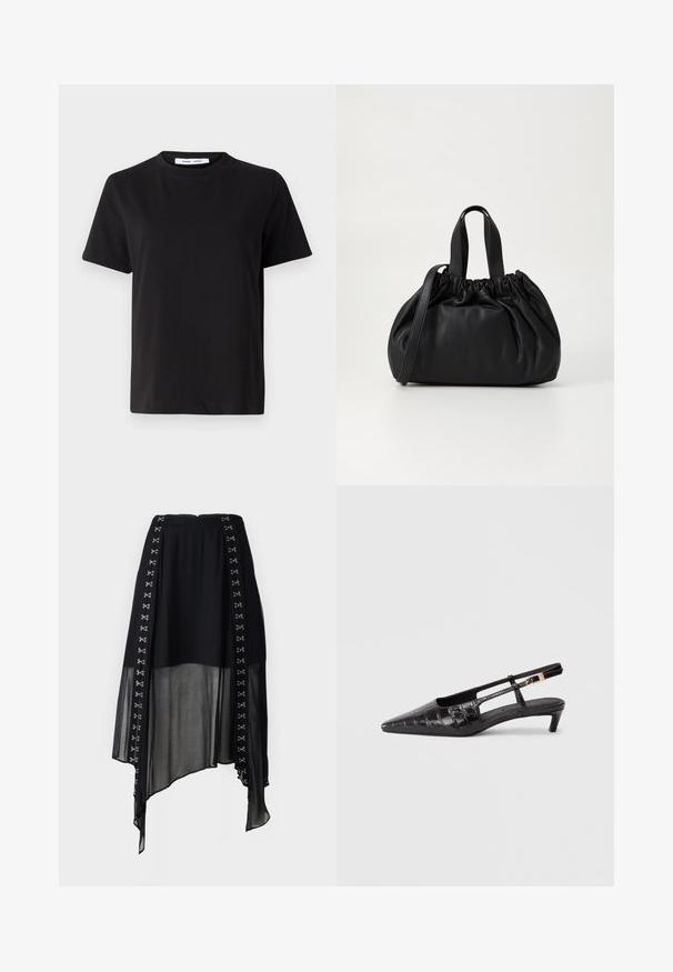 T-shirt nero a maniche corte realizzato in morbido cotone, con scollatura rotonda, vestibilità rilassata e una superficie liscia. Nessun motivo o grafica visibile.; AllSaints LUNA SKIRT - Gonna a campana - black; Scarpa slingback in pelle nera con punta affusolata e texture coccodrillo, tacco impilato basso e cinturino regolabile con dettaglio in fibbia metallica.; Borsa a tracolla in pelle nera con design a cima arricciata, dotata di due manici corti e di una lunga tracolla regolabile. Texture liscia, forma arrotondata.