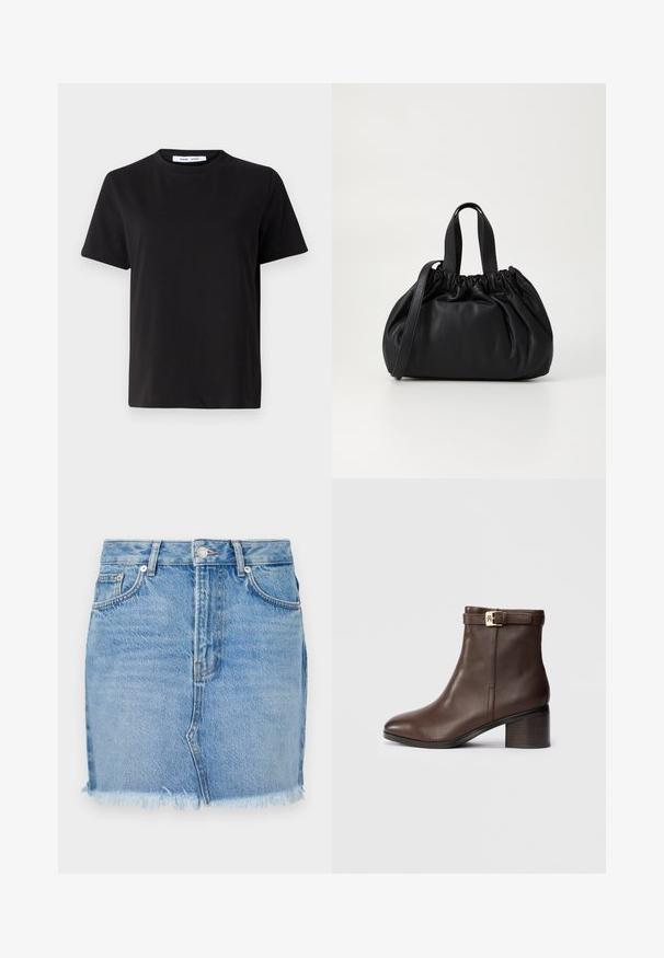 Crna kratka majica s kratkim rukavima od mekanog pamuka, s okruglim izrezom, opuštenim krojem i glatkom teksturom. Nema vidljivih uzoraka ili grafike.; Plava traper suknja s prilagođenim krojem, nerazapetim rubom i klasičnim prednjim džepovima. Glatka tekstura s blagim izbljeđivanjem za ležeran izgled.; Smeđe kožne gležnjače s okruglim nosom, niskim blok-petama i dekorativnom kopčom oko gležnja. Glatka tekstura i elegantan dizajn.; Crna kožna torba s nabranim dizajnom na vrhu, s dva kratka ručka i dugim podesivim remenom. Glatka tekstura, zaobljen oblik.