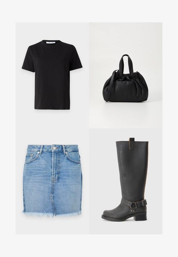 T-shirt preto de manga curta feito de algodão suave, com decote redondo, ajuste descontraído e uma textura suave. Sem padrões ou gráficos visíveis.; Saia de ganga azul com um design ajustado, bainha desfiada e bolsos frontais clássicos. Textura suave com um ligeiro desbotamento para um look casual.; Bota preta de couro até ao joelho com um acabamento texturizado, apresentando um detalhe de fivela lateral e um salto baixo. Costura detalhada ao longo das costuras.; Bolsa de couro preta com um design de topo franzido, apresentando duas alças curtas e uma alça longa ajustável. Textura suave, formato arredondado.