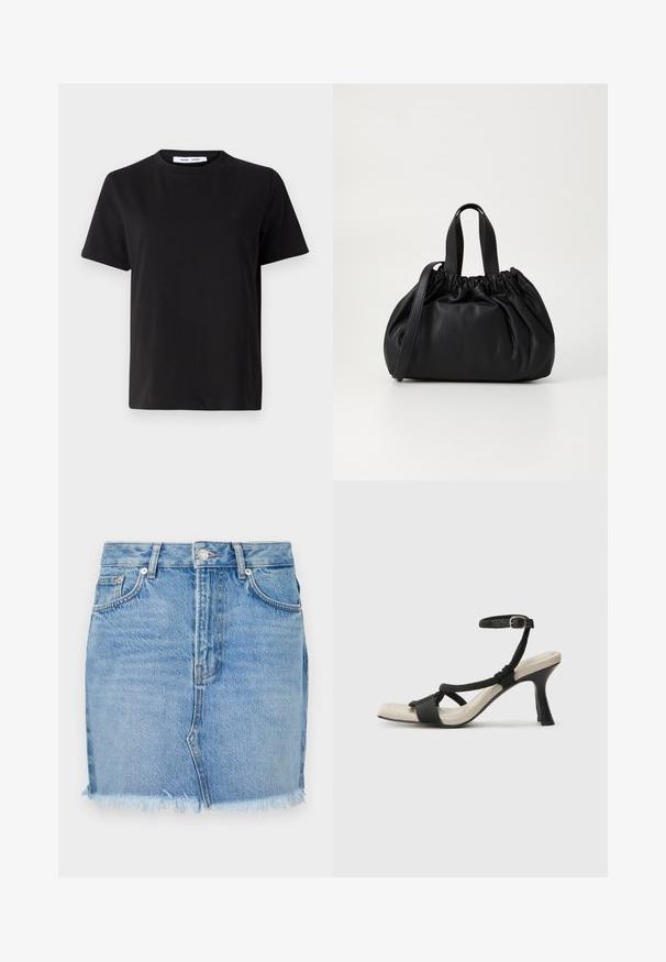 Crna kratka majica s kratkim rukavima od mekanog pamuka, s okruglim izrezom, opuštenim krojem i glatkom teksturom. Nema vidljivih uzoraka ili grafike.; Plava traper suknja s prilagođenim krojem, nerazapetim rubom i klasičnim prednjim džepovima. Glatka tekstura s blagim izbljeđivanjem za ležeran izgled.; Crne sandale na visokom potpetici s dizajnom pletenih trakica, kvadratnim vrhom i podešivom trakicom oko gležnja. Svijetlosmeđi ulošci s sjajnim crnim potpeticama.; Crna kožna torba s nabranim dizajnom na vrhu, s dva kratka ručka i dugim podesivim remenom. Glatka tekstura, zaobljen oblik.