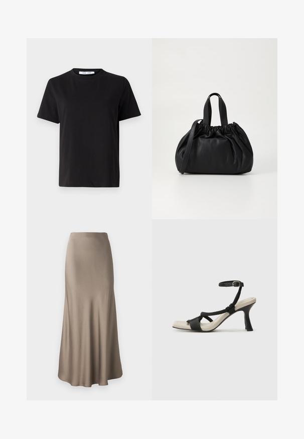 Camiseta negra de manga corta hecha de algodón suave, con un cuello redondo, corte relajado y una textura lisa. Sin patrones ni gráficos visibles.; Larga falda de satén marrón con una textura suave, que presenta una silueta fluida y un dobladillo ligeramente acampanado. Sin hardware visible ni patrones.; Sanda¡ía de tacón negro con diseño de tira trenzada, punta cuadrada y correa ajustable en el tobillo. Plantilla de color beige claro con un tacón negro brillante.; Bolso de mano de cuero negro con un diseño de parte superior fruncida, que cuenta con dos asas cortas y una correa larga ajustable. Textura suave, forma redondeada.