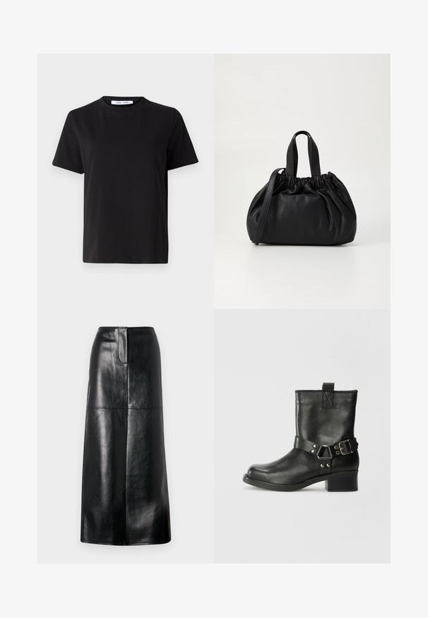Must have lühikeste varrukatega t-särk, mis on valmistatud pehmest puuvillast, ümmarguse kaelusega, lõdva sobivusega ja sileda tekstuuriga. Ei ole nähtavaid mustreid ega graafikat.; Musta nahkne midi seelik, millel on sile pind, sirge lõige ja õrn sära. Omab lihtsat vöökohta ja nähtavaid metallosade puudumist.; Samsøe Samsøe SABRENTA - Kauboi/mootorratturi poolsaapad - black; Mustmust mustkott mustrihmaga ülaosa disainiga, millel on kaks lühikest käepidet ja pikk reguleeritav rihm. Sile tekstuur, ümar kuju.