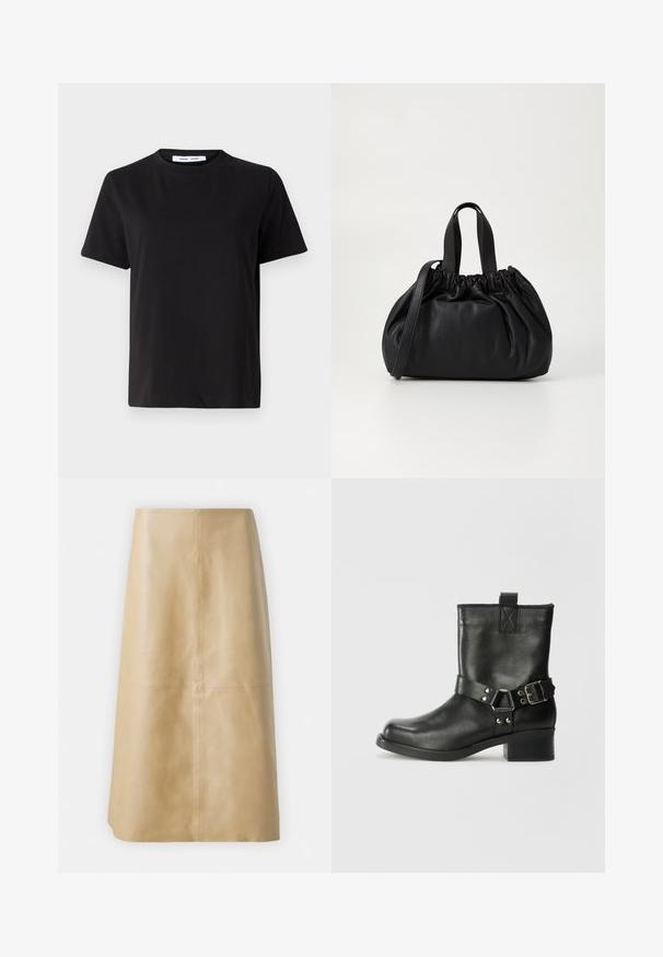 Tricou negru cu manșon scurt, fabricat din bumbac moale, având un guler rotund, o croială lejeră și o textură netedă. Fără modele sau grafice vizibile.; 2nd Day MARVIN - Fustă din piele - tan; Samsøe Samsøe SABRENTA - Botine cowboy/biker - black; Geantă de mână din piele neagră cu un design cu partea superioară plisată, având două mânere scurte și o curea lungă ajustabilă. Textură netedă, formă rotunjită.