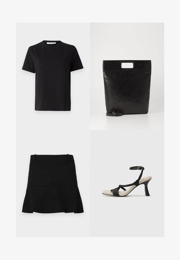 Camiseta negra de manga corta hecha de algodón suave, con un cuello redondo, corte relajado y una textura lisa. Sin patrones ni gráficos visibles.; Falda corta negra con un ligero vuelo en el dobladillo y pasadores en la cintura sobre un fondo blanco.; Sanda¡ía de tacón negro con diseño de tira trenzada, punta cuadrada y correa ajustable en el tobillo. Plantilla de color beige claro con un tacón negro brillante.; Bolsa tote de cuero negro con un asa cuadrada, que presenta un acabado texturizado y un logo en relieve. Incluye una correa desmontable.
