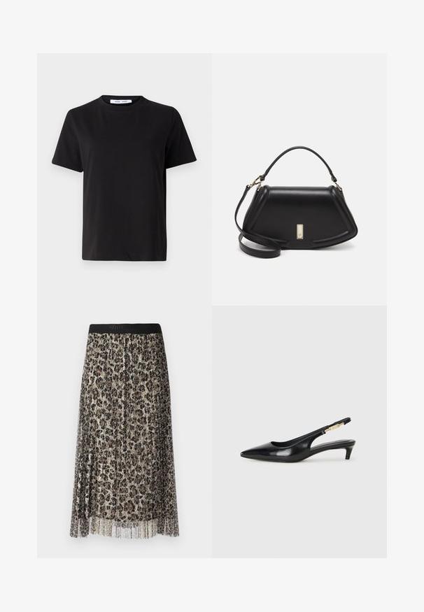 T-shirt noir à manches courtes en coton doux, avec un col rond, une coupe décontractée et une texture lisse. Pas de motifs ni de graphiques visibles.; Jupe midi plissée en tissu léger et transparent, ornée d'un motif léopard dans des tons de marron et de beige, avec une taille noire.; Talons hauts en cuir noir avec un bout pointu, dotés d'un talon fin et d'un accent en ton or sur la lanière réglable. Texture lisse.; Sac à main en cuir noir avec un design structuré, featuring une forme cropped, une poignée supérieure et des accents en matériel doré. Bandoulière réglable incluse.