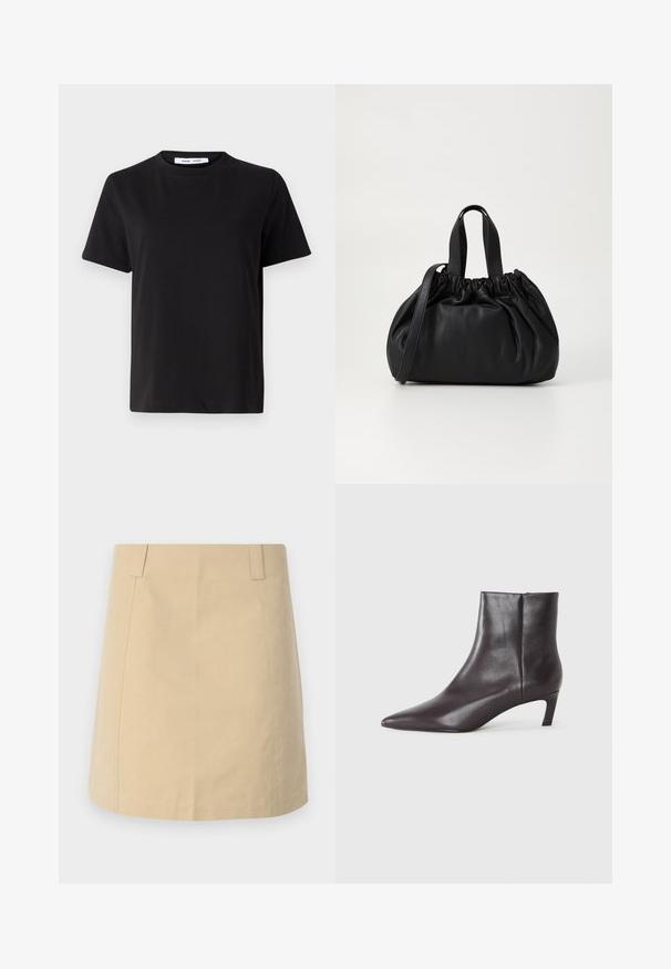 T-shirt noir à manches courtes en coton doux, avec un col rond, une coupe décontractée et une texture lisse. Pas de motifs ni de graphiques visibles.; Jupe en coton beige avec une coupe droite, dotée de plis sur le devant, de poches latérales et de détails cousus le long des coutures.; Botte de cheville en cuir noir avec un bout pointu et un petit talon, finition lisse, fermeture éclair sur le côté, présentée sur un fond neutre.; Sac à main en cuir noir avec un design à haut froncé, doté de deux poignées courtes et d'une bandoulière longue et réglable. Texture lisse, forme arrondie.