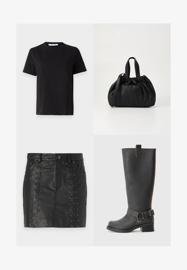 Musta lyhythihainen t-paita, joka on valmistettu pehmeästä puuvillasta. Paitassa on pyöreä kaula-aukko, rento malli ja sileä pinta. Ei näkyviä kuvioita tai graafisia elementtejä.; Mustat nahkainen minihame, jossa on nauhakosketus sivuilla metallisilla rei'illä, viisipaikkainen muotoilu ja tiukka siluetti.; Musta nahkainen polvisaumaboot, jossa on teksturoitu pinta, sivussa solkiyksityiskohta ja matala korko. Yksityiskohtainen ommel saumoissa.; Musta nahkabag, jossa on kerätty yläosa. Varustettu kahdella lyhyellä kantokahvalla ja pitkällä säädettävällä hihnalla. Sileä pinta, pyöreä muoto.
