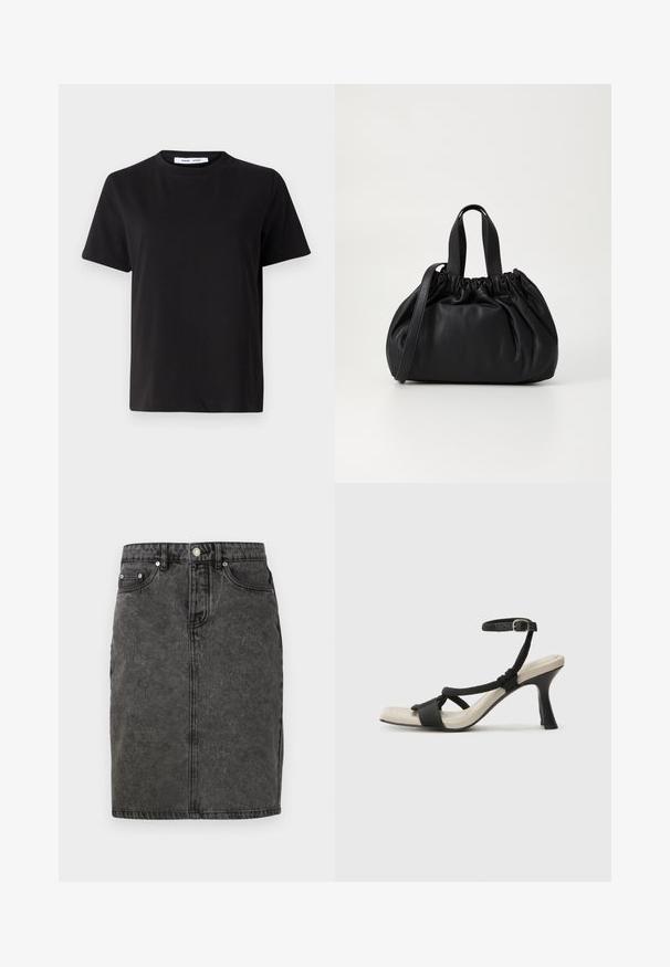 Fekete, rövid ujjú póló, puha pamutból készült, kerek nyakkivágással, laza szabással és sima textúrával. Nincs látható minta vagy grafikák.; Fekete farmer szoknya egyenes vonallal, elülső gombzárral, övhurkokkal és enyhe elkopott textúrával, két oldalsó zsebbel.; Fekete sarkú szandál fonott pánttal, négyzet alakú orral és állítható bokapánttal. Világos bézs talpbetét fényes fekete sarkával.; Fekete bőr kézitáska, összegyűrt felső dizájnnal, két rövid fülekkel és egy hosszú, állítható pánttal. Simább textúra, lekerekített forma.
