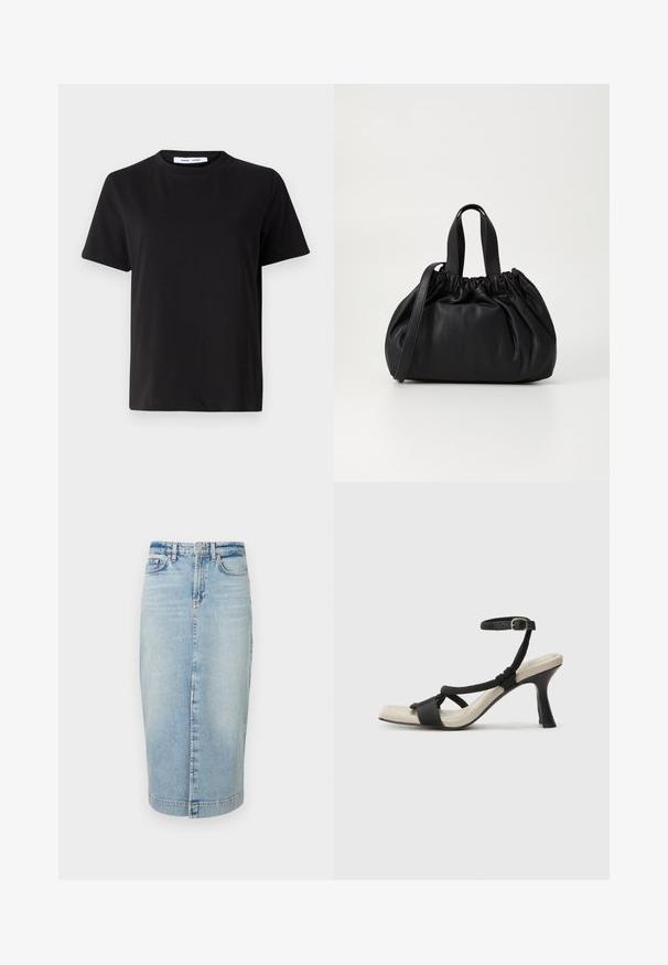 T-shirt preto de manga curta feito de algodão suave, com decote redondo, ajuste descontraído e uma textura suave. Sem padrões ou gráficos visíveis.; Saia lápis de denim azul claro com fecho de botão, bolsos e costuras verticais. Textura suave, design até ao joelho.; Sandal com salto alto preto e design de tiras trançadas, bico quadrado e tira de tornozelo ajustável. Sola em tom bege claro com um salto preto brilhante.; Bolsa de couro preta com um design de topo franzido, apresentando duas alças curtas e uma alça longa ajustável. Textura suave, formato arredondado.