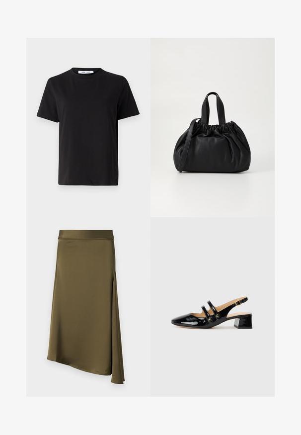Črna majica s kratkimi rokavi iz mehkega bombaža, ki ima okroglo izrezovanje, udoben kroj in gladko teksturo. Brez vidnih vzorcev ali grafike.; Olivno zelena kratka krila iz gladkega, lahkega materiala; ima asimetrično obrobo in stranski razporek za gibljivost in stil.; Črne patentne usnjene sandalete s špicastim nosom, dvema trakovoma, zlatimi okroglimi detajli in nizko blokasto peto.; Črna usnjena torbica z zloženim zgornjim dizajnom, opremljena z dvema kratkima ročkama in dolgo nastavljivo naramnico. Gladka tekstura, okrogla oblika.