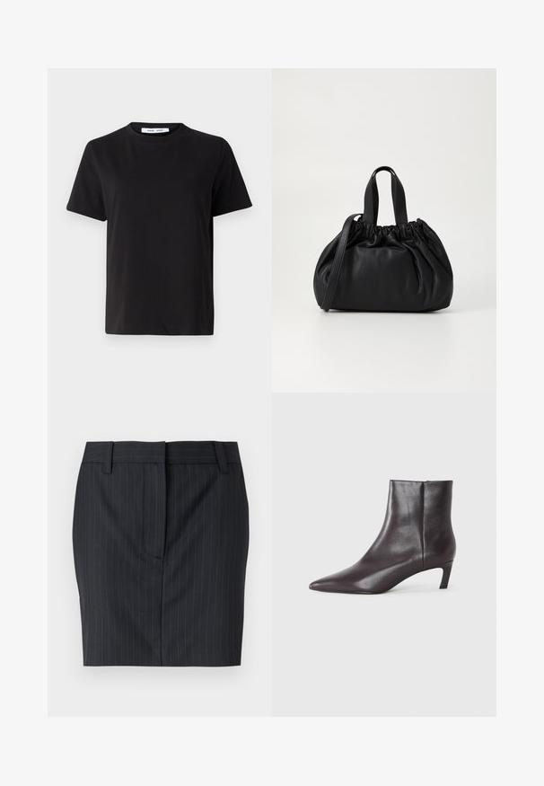 Tricou negru cu manșon scurt, fabricat din bumbac moale, având un guler rotund, o croială lejeră și o textură netedă. Fără modele sau grafice vizibile.; Fustă neagră cu dungi fine, croit, cu bucle pentru curea și închidere frontală ascunsă, expusă pe un fundal alb.; Botine negre din piele, cu vârf ascuțit și toc mic, cu finisaj neted, fermoar lateral, prezentate pe un fundal neutru.; Geantă de mână din piele neagră cu un design cu partea superioară plisată, având două mânere scurte și o curea lungă ajustabilă. Textură netedă, formă rotunjită.