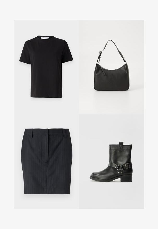 Juodas trumpas rankovės marškinėliai, pagaminti iš minkštos medvilnės, su apvaliu iškirpimu, laisvu pritaikymu ir lygiu paviršiumi. Nėra matomų raštų ar grafikos.; Juoda smulkių dryžių sijonas su diržo kilpomis ir paslėptu priekinio uždarymo sprendimu, rodomas ant baltos fono.; Samsøe Samsøe SABRENTA - Kaubojiški / motociklininko stiliaus aulinukai - black; Juoda odinė rankinė su išlenkta forma, viena dirželiu, užtrauktuko uždarymu ir subtiliu ženklinimu priekyje. Lygus paviršius, minimalistinis dizainas.