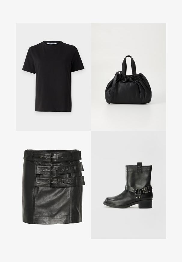 Melna īsām piedurknēm T-kreklu, kas izgatavots no mīksta kokvilnas, ar apļveida kakla izgriezumu, brīvu piegriezumu un gludu tekstūru. Nav redzamu rakstu vai grafikas.; Melnas ādas mini svārki ar vairākiem platiem jostām ar sprādzēm un metāla caurumiem. Gluda tekstūra ar strukturētu dizainu.; Samsøe Samsøe SABRENTA - Kovboju/motociklistu tipa puszābaki - black; Melnas ādas rokassomu ar savākta augšdaļa dizainu, kas aprīkota ar divām īsām rokturiem un garu regulējamu siksnu. Gluda tekstūra, noapaļota forma.