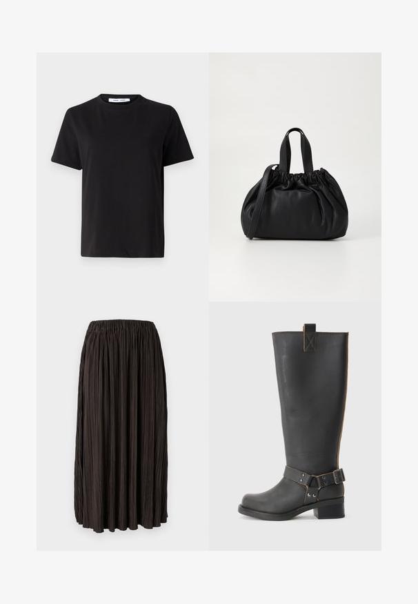Crna kratka majica s kratkim rukavima od mekanog pamuka, s okruglim izrezom, opuštenim krojem i glatkom teksturom. Nema vidljivih uzoraka ili grafike.; Crna suknja s nabranim detaljima i elastičnom trakom u struku, izrađena od laganog materijala. Ima vertikalne nabore preko cijele površine, bez dodatnih ukrasa.; Crne kožne čizme do koljena s teksturiranom završnom obradom, sa bočnim detaljem s kopčom i niskom petom. Detaljno šivanje duž šavova.; Crna kožna torba s nabranim dizajnom na vrhu, s dva kratka ručka i dugim podesivim remenom. Glatka tekstura, zaobljen oblik.