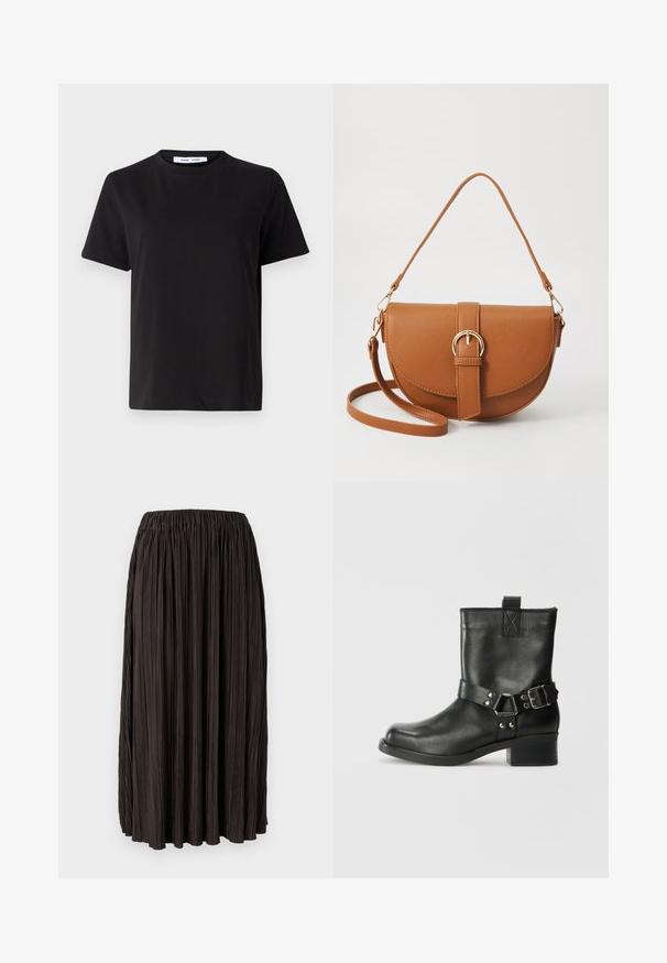 T-shirt preto de manga curta feito de algodão suave, com decote redondo, ajuste descontraído e uma textura suave. Sem padrões ou gráficos visíveis.; Saia preta plissada com cintura elástica, feita de um tecido leve. Apresenta pregas verticais por toda a superfície, sem detalhes adicionais.; Samsøe Samsøe SABRENTA - Bota de tornozelo estilo cowboy/motociclista - black; Bolsa transversal de couro castanho com um formato curvado, ferragens douradas e um detalhe de fivela. Inclui uma alça de ombro destacável.