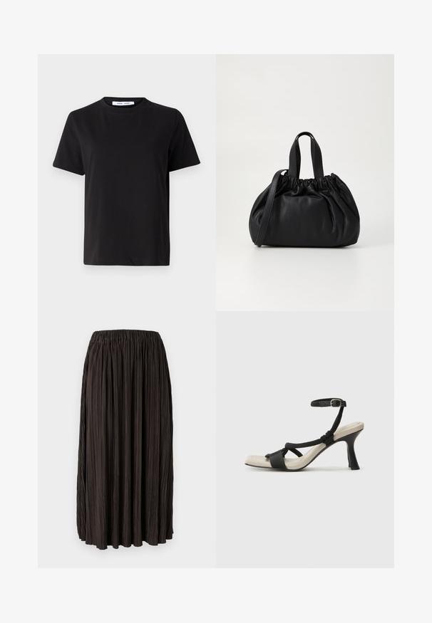 Crna kratka majica s kratkim rukavima od mekanog pamuka, s okruglim izrezom, opuštenim krojem i glatkom teksturom. Nema vidljivih uzoraka ili grafike.; Crna suknja s nabranim detaljima i elastičnom trakom u struku, izrađena od laganog materijala. Ima vertikalne nabore preko cijele površine, bez dodatnih ukrasa.; Crne sandale na visokom potpetici s dizajnom pletenih trakica, kvadratnim vrhom i podešivom trakicom oko gležnja. Svijetlosmeđi ulošci s sjajnim crnim potpeticama.; Crna kožna torba s nabranim dizajnom na vrhu, s dva kratka ručka i dugim podesivim remenom. Glatka tekstura, zaobljen oblik.