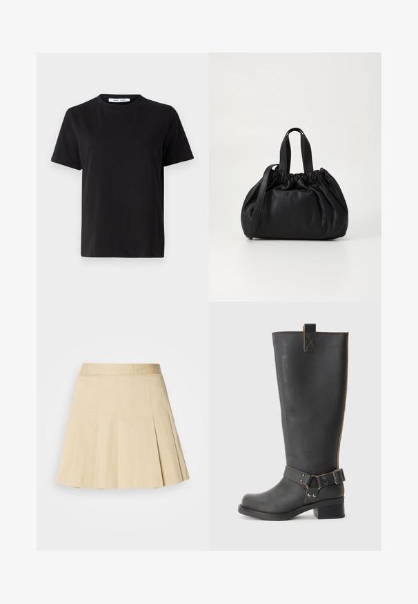 Juodas trumpas rankovės marškinėliai, pagaminti iš minkštos medvilnės, su apvaliu iškirpimu, laisvu pritaikymu ir lygiu paviršiumi. Nėra matomų raštų ar grafikos.; Šviesiai smėlio spalvos medvilnės klostuota sijonas, su juosmens juosta ir keturiomis vertikaliomis siūlėmis priekyje. Apačia šiek tiek išplėsta judėjimui.; Juodų odinių iki kelių botų su tekstūruotu paviršiumi, šonuose su sagtimi ir žemu kulnu. Išsamus siuvinėjimas palei siūles.; Juoda odinė rankinė su susiraukšlėjusiu viršumi, su dviem trumpomis rankenėlėmis ir ilga reguliuojama juosta. Lygus paviršius, apvalios formos.