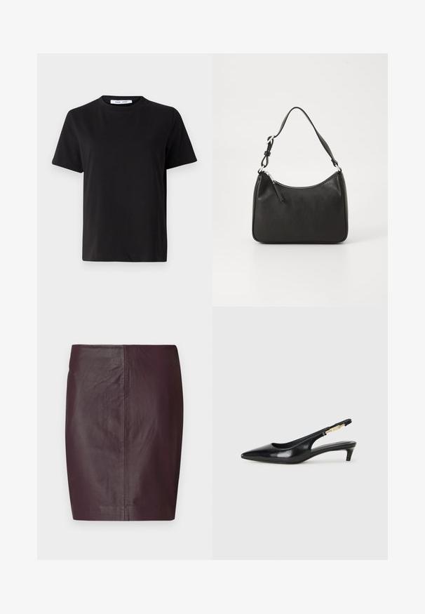 Fekete, rövid ujjú póló, puha pamutból készült, kerek nyakkivágással, laza szabással és sima textúrával. Nincs látható minta vagy grafikák.; Sötét bordó bőr szoknya sima textúrával, testhezálló fazonban és egyenes sziluettel. Minimális varrásokkal és látható fémalkatrészek nélkül.; Fekete bőr slingback magassarkúk, hegyes orral, vékony sarkakkal és arany színű részlettel a állítható pánton. Simа felület.; Fekete bőrtáska ívelt formával, egyetlen pánttal, cipzáras záródással és diszkrét logóval az elején. Simább textúra, minimalista dizájn.