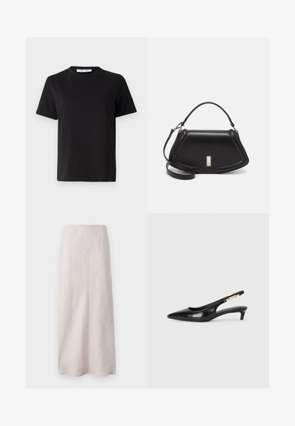 Camiseta negra de manga corta hecha de algodón suave, con un cuello redondo, corte relajado y una textura lisa. Sin patrones ni gráficos visibles.; Falda maxi de lino rosa pálido con un diseño limpio y recto. La tela tiene una superficie ligeramente texturizada y una cintura elástica.; Tacones negros de piel sintética tipo slingback con punta afilada, que cuentan con un tacón delgado y un detalle en tono dorado en la correa ajustable. Textura suave.; Bolso de mano de cuero negro con un diseño estructurado, que presenta una forma recortada, asa superior y acentos en dorado. Correa de hombro ajustable incluida.