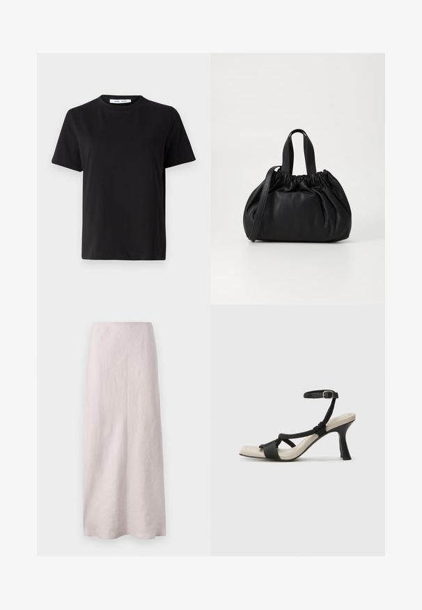 T-shirt nero a maniche corte realizzato in morbido cotone, con scollatura rotonda, vestibilità rilassata e una superficie liscia. Nessun motivo o grafica visibile.; Gonna maxi in lino rosa pallido con un design pulito e dritto. Il tessuto ha una superficie leggermente texture e una vita elasticizzata.; Sandal con tacco nero e design con cinturino intrecciato, punta quadrata e cinturino alla caviglia regolabile. Soletta beige chiaro con tacco nero lucido.; Borsa a tracolla in pelle nera con design a cima arricciata, dotata di due manici corti e di una lunga tracolla regolabile. Texture liscia, forma arrotondata.