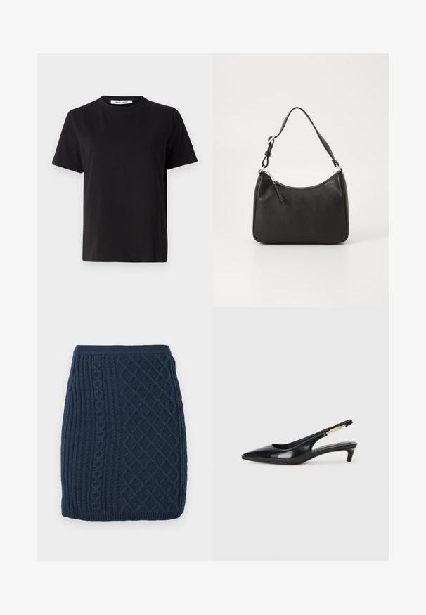 Fekete, rövid ujjú póló, puha pamutból készült, kerek nyakkivágással, laza szabással és sima textúrával. Nincs látható minta vagy grafikák.; Sötétkék kötött mini szoknya bordázott és fonott mintákkal, textúrált felülettel és testhezálló derékkal.; Fekete bőr slingback magassarkúk, hegyes orral, vékony sarkakkal és arany színű részlettel a állítható pánton. Simа felület.; Fekete bőrtáska ívelt formával, egyetlen pánttal, cipzáras záródással és diszkrét logóval az elején. Simább textúra, minimalista dizájn.