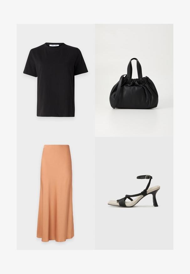 Tricou negru cu manșon scurt, fabricat din bumbac moale, având un guler rotund, o croială lejeră și o textură netedă. Fără modele sau grafice vizibile.; Fustă lungă, evazată, dintr-un material moale, piersică. Prezintă un brâu neted și se scurge ușor către un tiv conic. Fără modele sau accente vizibile.; Sandal cu toc negru, cu design de curea împletită, vârf pătrat și curea de gleznă ajustabilă. Tălpică de un bej deschis și toc negru lucios.; Geantă de mână din piele neagră cu un design cu partea superioară plisată, având două mânere scurte și o curea lungă ajustabilă. Textură netedă, formă rotunjită.