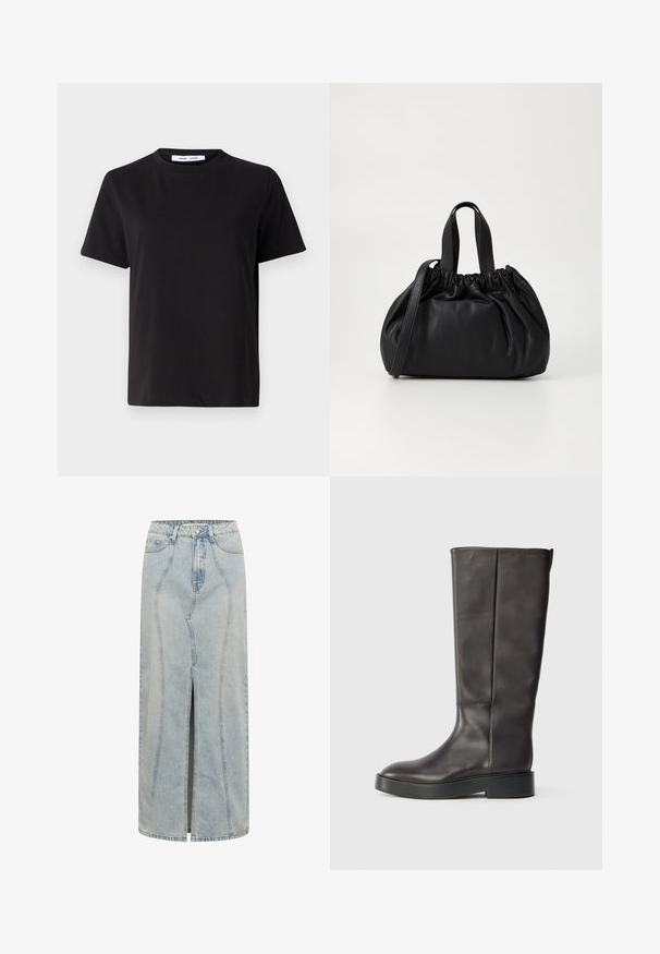 T-shirt preto de manga curta feito de algodão suave, com decote redondo, ajuste descontraído e uma textura suave. Sem padrões ou gráficos visíveis.; Saia de denim azul claro com silhueta reta, apresentando uma fenda frontal, passantes para cinto e costuras detalhadas ao longo das emendas.; Bota de couro preta até o joelho com sola grossa e logo discreto da Calvin Klein próximo à borda superior, vista de lado.; Bolsa de couro preta com um design de topo franzido, apresentando duas alças curtas e uma alça longa ajustável. Textura suave, formato arredondado.