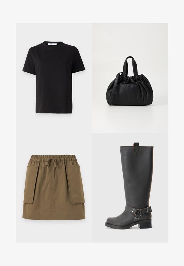 Tricou negru cu manșon scurt, fabricat din bumbac moale, având un guler rotund, o croială lejeră și o textură netedă. Fără modele sau grafice vizibile.; Fustă verde măsliniu, lungime până la genunchi, cu talie elastică, șnur și două buzunare laterale mari. Fabricată dintr-un material ușor, cu cusături vizibile.; Cizmă înaltă din piele neagră, cu un finisaj texturat, având un accent cu cataramă pe lateral și un toc mic. Cusături detaliate de-a lungul cusăturilor.; Geantă de mână din piele neagră cu un design cu partea superioară plisată, având două mânere scurte și o curea lungă ajustabilă. Textură netedă, formă rotunjită.