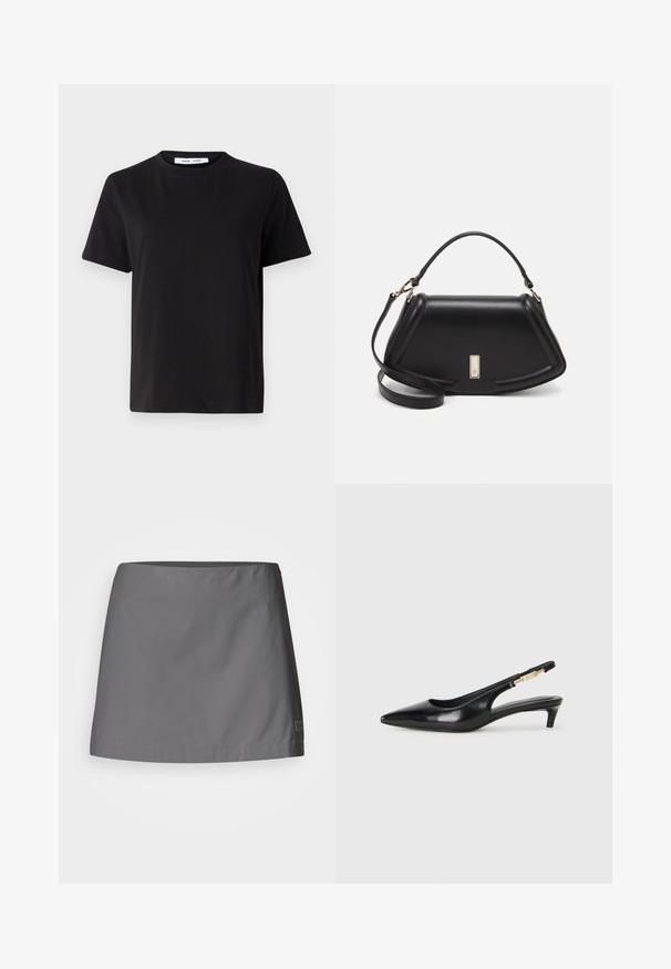 Musta lyhythihainen t-paita, joka on valmistettu pehmeästä puuvillasta. Paitassa on pyöreä kaula-aukko, rento malli ja sileä pinta. Ei näkyviä kuvioita tai graafisia elementtejä.; Hame harmaa, joka on valmistettu kevyestä ja sileästä kankaasta; siinä on suora leikkaus, puhdas helma ja huomaamaton brändilogo sivussa.; Mustat nahkaiset slingback-korkokengät, joissa on terävä kärki, ohuet korot ja kultasävytteinen yksityiskohta säädettävässä hihnassa. Silkkinen pinta.; Mustalla nahkalaukulla, jossa on jämäkkä muotoilu, lyhyt malli, yläkahva ja kultaiset yksityiskohdat. Säädettävä olkahihna sisältyy.