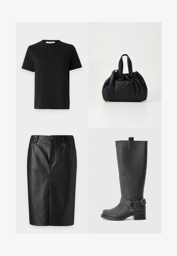 Juodas trumpas rankovės marškinėliai, pagaminti iš minkštos medvilnės, su apvaliu iškirpimu, laisvu pritaikymu ir lygiu paviršiumi. Nėra matomų raštų ar grafikos.; Juodas odinis pieštuko sijonas su lygiu paviršiumi, priekyje plyšiu, šoninėmis kišenėmis ir mygtuko uždarymu juosmens srityje. Minimalistinis dizainas.; Juodų odinių iki kelių botų su tekstūruotu paviršiumi, šonuose su sagtimi ir žemu kulnu. Išsamus siuvinėjimas palei siūles.; Juoda odinė rankinė su susiraukšlėjusiu viršumi, su dviem trumpomis rankenėlėmis ir ilga reguliuojama juosta. Lygus paviršius, apvalios formos.