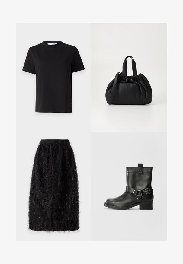 T-shirt noir à manches courtes en coton doux, avec un col rond, une coupe décontractée et une texture lisse. Pas de motifs ni de graphiques visibles.; Jupe noire avec une apparence texturée et shaggy, comportant des fibres métalliques tissées à travers. Mi-longue avec une taille élastique.; Samsøe Samsøe SABRENTA - Bottines de cowboy / motard - black; Sac à main en cuir noir avec un design à haut froncé, doté de deux poignées courtes et d'une bandoulière longue et réglable. Texture lisse, forme arrondie.