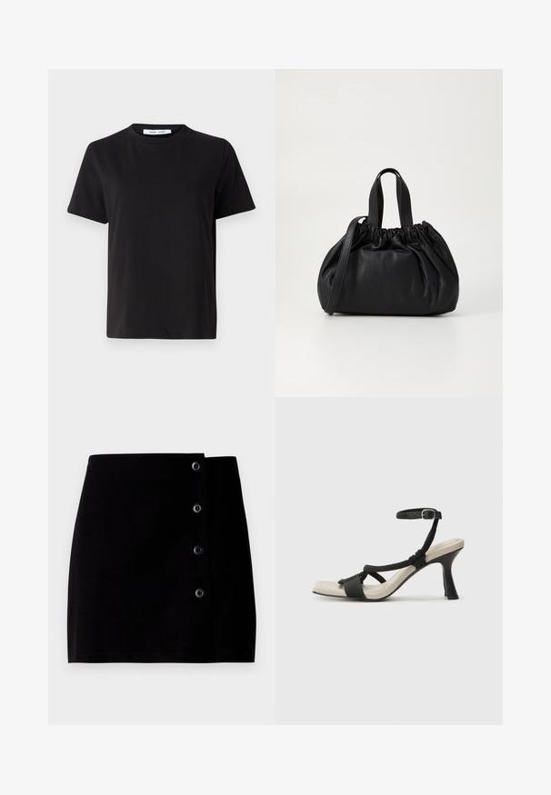 Μαύρη κοντομάνικη μπλούζα φτιαγμένη από μαλακό βαμβάκι, με στρογγυλή λαιμόκοψη, άνετη εφαρμογή και απαλό υλικό. Χωρίς ορατά σχέδια ή γραφικά.; Μαύρη μίνι φούστα από βαμβάκι, με κλείσιμο στο πλάι με τέσσερις μαύρους κουμπιά και ευθεία σιλουέτα. Λείο υλικό.; Μαύρη σανδάλι με τακούνι και σχεδίαση πλεγμένης λουρίδας, τετράγωνη μύτη και ρυθμιζόμενη λουρίδα στον αστράγαλο. Ανοικτό μπεζ πέλμα με γυαλιστερό μαύρο τακούνι.; Μαύρη δερμάτινη τσάντα χειρός με σχεδίαση μαζεμένου κορυφής, διαθέτει δύο κοντές λαβές και μία μακριά ρυθμιζόμενη αλυσίδα. Λείος υφή, στρογγυλή μορφή.