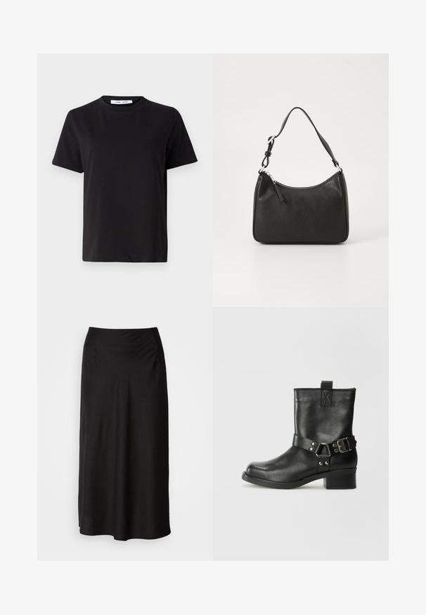 Melna īsām piedurknēm T-kreklu, kas izgatavots no mīksta kokvilnas, ar apļveida kakla izgriezumu, brīvu piegriezumu un gludu tekstūru. Nav redzamu rakstu vai grafikas.; Melnā midi svārki izgatavoti no mīkstas, vieglas auduma. Iezīmējas ar gludu elastīgu jostasvietu un plūstošu siluetu ar nedaudz A-putnikļa formu.; Samsøe Samsøe SABRENTA - Kovboju/motociklistu tipa puszābaki - black; Melnas ādas rokassomu ar izliekta formu, vienu siksnu, ar rāvējslēdzēju aizdari un diskrētu zīmolu uz priekšpuses. Gluda tekstūra, minimālisma dizains.